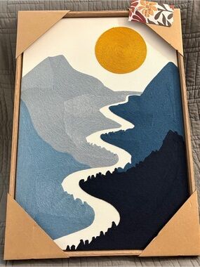 Textured Mountain River Canvas Wall Art with Mustard Sun